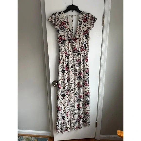 Band of Gypsies Floral Maxi Wrap Dress Ivory Navy Mauve High Low Boho Large - Picture 3 of 13